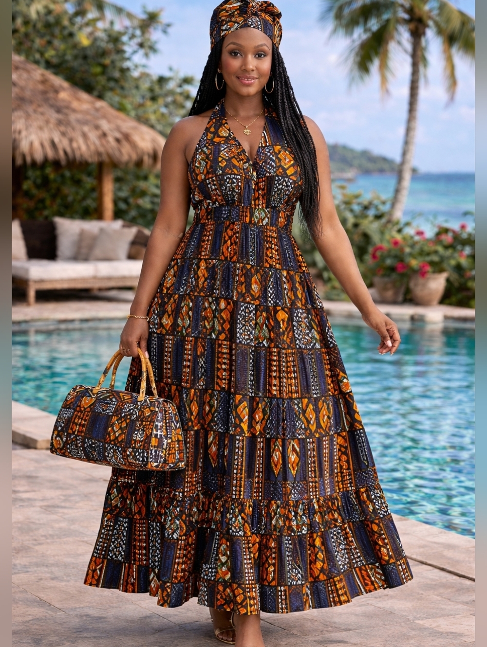 African Print Halter Floral Maxi Dress